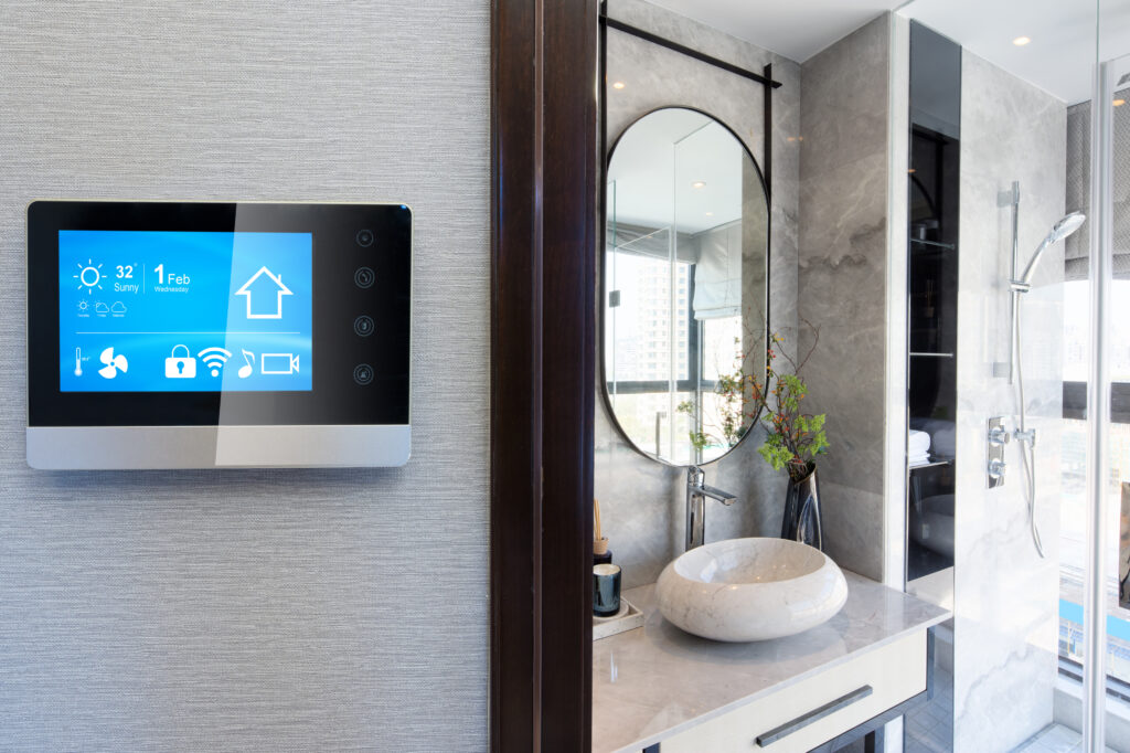 Smart thermostat with blue screen and white button controls